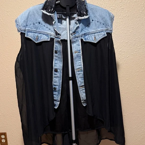 Sleeveless denim & black chiffon long sequin jacket duster high low custom flowy - Picture 7 of 14